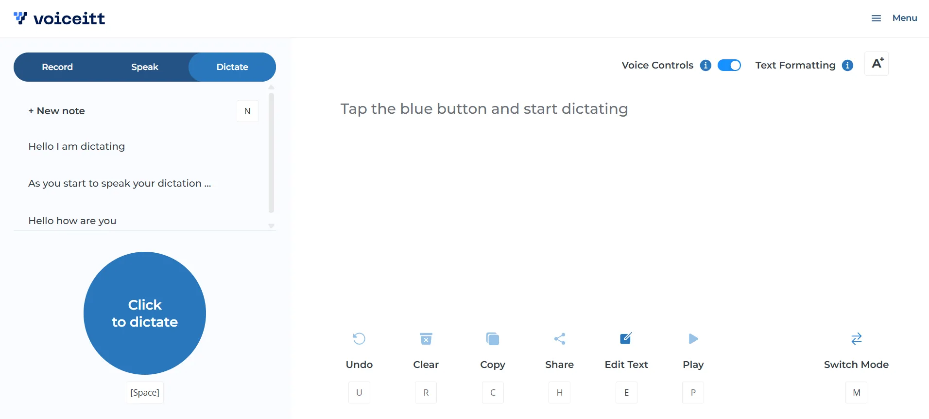 Dictate menu